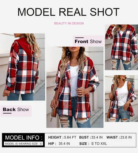 Vista 4 de SHEWIN - Camisas de manga larga con botones para mujer, de franela, con capucha, abrigos con capucha