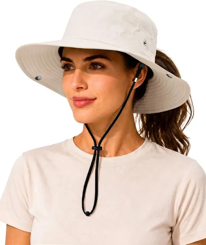 Vista 10 de Sombrero de lluvia impermeable de ala ancha para mujeres y hombres UPF50+ Beige