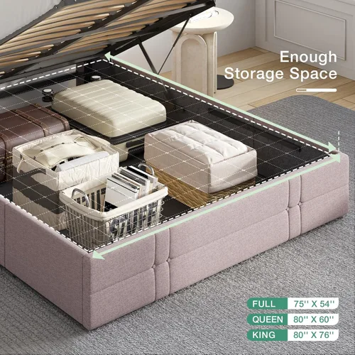 Vista 5 de Novilla Base de cama Queen con almacenamiento elevable, base de cama de plataforma tapizada con almacenamiento, no necesita somier, soporte