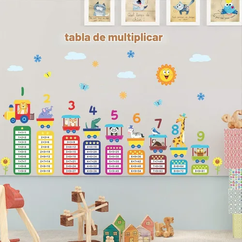 Vista 3 de Calcomanías de pared para mesa de multiplicación de dibujos animados, 99 calcomanías de pared de matemáticas para educación de animales, bricolaje