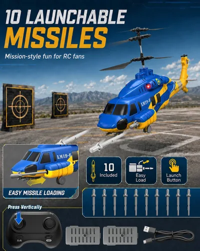 Vista 3 de Helicóptero RC con 10 misiles, helicóptero de control remoto del ejército de 2.4 GHz para principiantes y adultos, helicóptero militar, luces LED