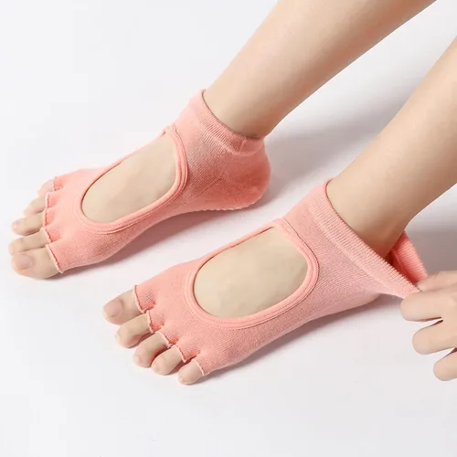 Vista 3 de Calcetines de yoga sin dedos para mujer, calcetines de pilates con agarres, de algodón, antideslizantes, con puntera abierta, para pilates, barra