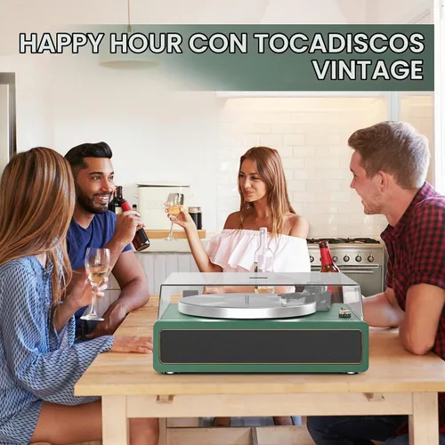 Vista 7 de Tocadiscos con altavoces incorporados, reproductor de discos de vinilo con soporte para reproducción Bluetooth, parada automática, velocidad de 33