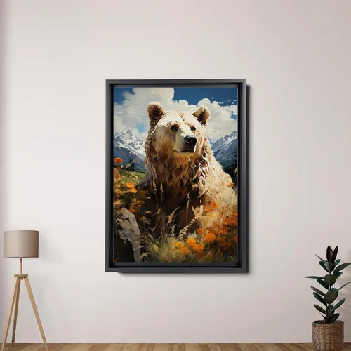 Vista 2 de Grizzly Bear Wall Art Decor, Grey Bear Mama and Cubs Framed Pictures Woodland Animal Poster Snowy Winter Canvas Prints for Baby Kids Room Nursery