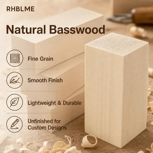 Vista 4 de RHBLME 40 bloques de tallado de tilo, bloques de madera sin terminar de 4 x 1 x 1 pulgada para tallar, cubos de madera maciza suave para tallar