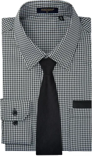 Vista 63 de HISDERN Mens Dress Shirt with Tie Pocket Square Set Classic Button Down Shirt Matching Tie Long Sleeve Shirts 08-verde