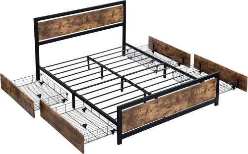 Vista 5 de Base de cama matrimonial resistente con 4 cajones, plataforma de almacenamiento de metal con cabecera de madera y espacio de almacenamiento, base