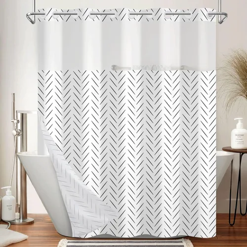 Vista 32 de No Hook Geometric Shower Curtain with Snap in Liner - 71″W x 74″L Waterproof Fabric with Mesh Top Window, Modern Abstract Triangle Design Bath