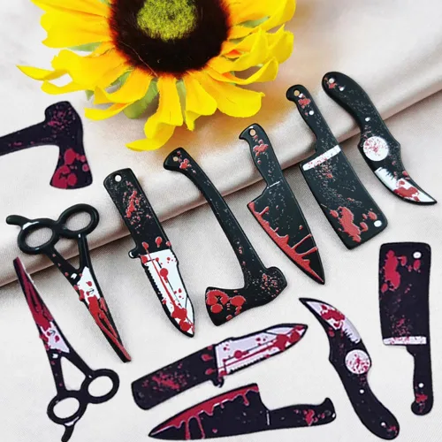 Vista 5 de 12 dijes de uñas de Halloween para uñas acrílicas, cuchillo de sangre de terror 3D, tijeras, hacha, dijes de Halloween para uñas, cuchillos 12