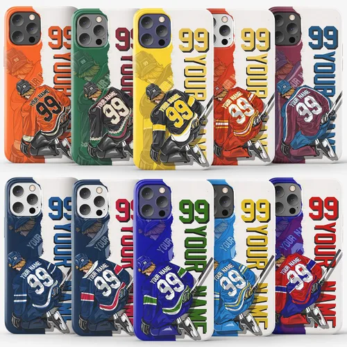 Vista 10 de Funda protectora personalizada con nombre y número de jugador de arte de hockey sobre hielo, compatible con iPhone 16, 15, 14, 12, 13, 11 X, XR, XS