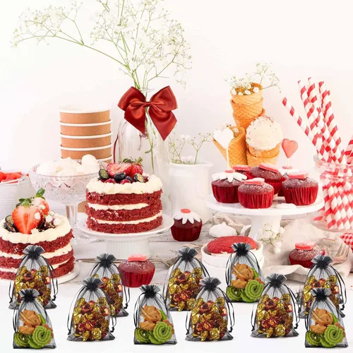 Vista 8 de 100 bolsas de organza – Bolsas de joyería de 4 x 6 pulgadas con cordón, malla negra para embalaje de regalo, fiesta, boda, festivo