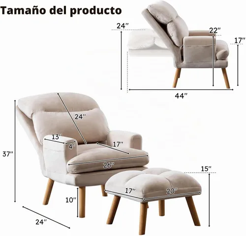 Vista 2 de IOMOR Silla Accent con otomano, silla de lectura cómoda, sillón con respaldo ajustable y bolsillos laterales, sofá de tela suave de ocio para Beige