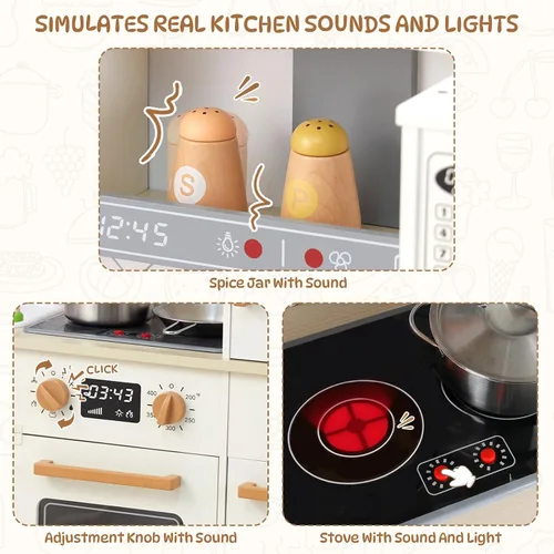 Vista 5 de Freniland Cocina de juego de madera, juego de cocina para niños con luz y sonido reales, máquina de hielo realista, estufa y horno, juguete