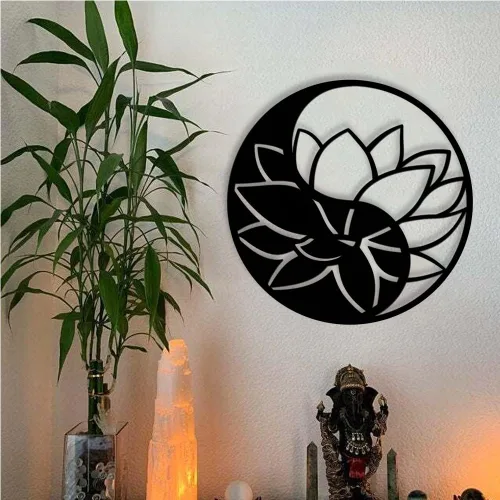 Vista 3 de Decoración de Yin Yang de metal con flor de loto para escultura de pared, decoración de pared para colgar en la pared para el hogar, oficina, baño
