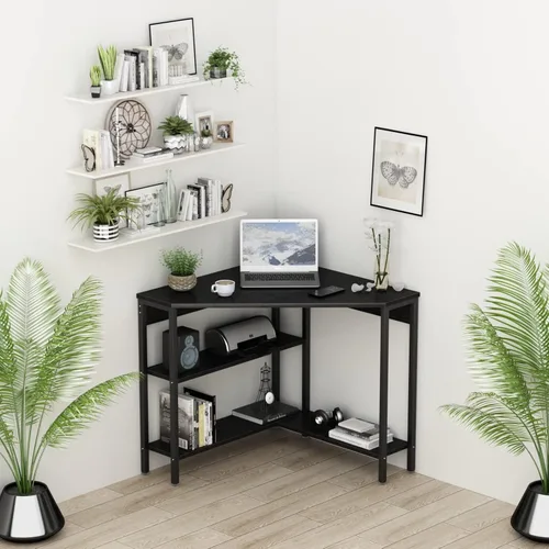 Vista 9 de Escritorio esquinero triangular con tomas de corriente, estantes de almacenamiento para espacio pequeño 90 Degree Corner Table with CPU Stand
