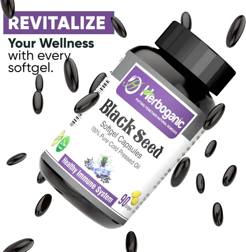 Vista 6 de HERBOGANIC Cápsulas blandas de aceite negro prensado en frío, 90 unidades, mezcladas con otros productos herbarios, apoya la salud general