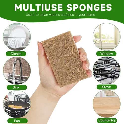 Vista 5 de Paquete de 10 esponjas naturales biodegradables para cocina, esponja compostable de celulosa y nuez de coco, esponjas ecológicas para platos