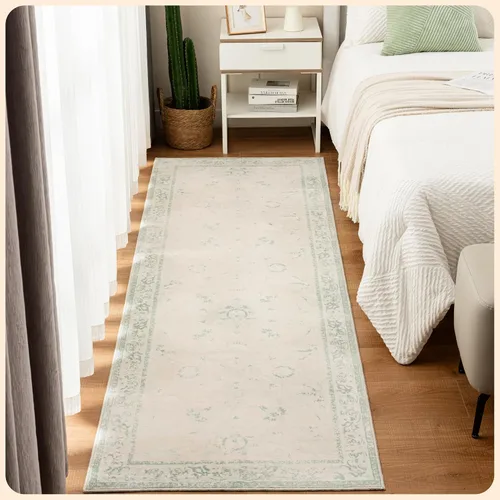 Vista 268 de Istana Alfombra larga antideslizante de 2.5 x 8 para el hogar, para pasillo y cocina, lavable, sedosa y suave al tacto, elegante, color azul y marfil