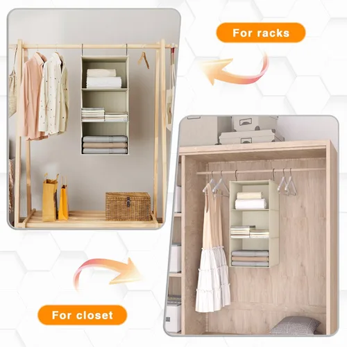 Vista 5 de Organizador colgante para armario y almacenamiento con 3 estantes, estantes colgantes plegables de montaje fácil para guardar ropa, bolsos, zapatos