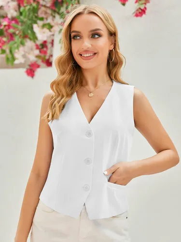Vista 3 de GAMISOTE Chaleco con botones para mujer, estilo vintage, sin mangas, cuello en V, elástico, de gasa, chaleco