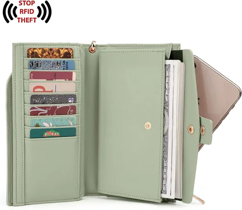 Vista 3 de UTO Cartera de cuero vegano para mujer, cartera larga con broche de presión, tarjetero de crédito, elegante embrague
