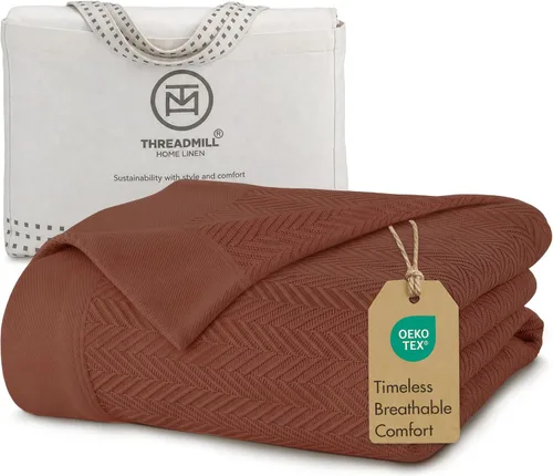 Vista 15 de Threadmill - Mantas de algodón de lujo para cama tamaño individual Manta 100% algodón para todas las estaciones para cama individual Manta Beige