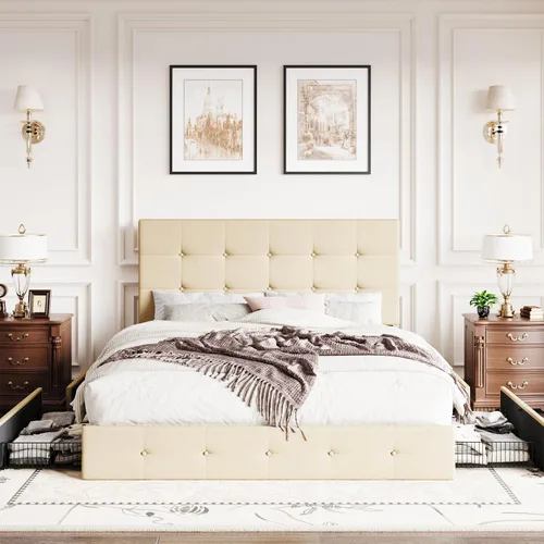 Vista 3 de SHA CERLIN Base de cama de plataforma tamaño matrimonial tapizada con 4 cajones de almacenamiento, cabecero ajustable con diseño cosido en cuadrados