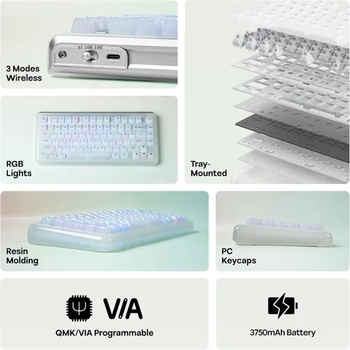 Vista 3 de KiiBoom Jade75 - Teclado mecánico de moldeo de resina al 75%, BT5.0USB-C2.4GHz, teclado inalámbrico para juegos, QMK y VIA programable