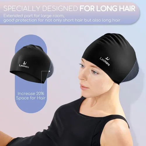 Vista 5 de Long Hair Swim Cap for Women 2 Pack, Silicone Swimming Caps for Unisex Adult Women Men with Ear Plugs & Nose Clip Set, Waterproof Adult Swim Hats