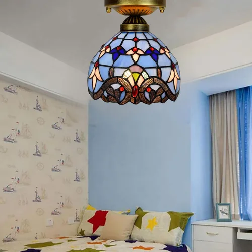 Vista 3 de Tiffany - Lámpara de techo estilo vitral, mini lámpara de techo, 1 luz, montaje empotrado de 8 pulgadas para hotel, pasillo, balcón, cocina Azul