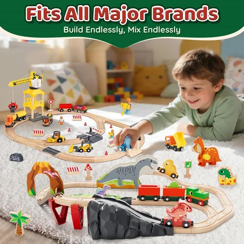 Vista 4 de Lehoo Castle Juego de Tren de Madera - Juego de Tren de Dinosaurio para Niños Pequeños de 2-4 Años, Juguetes de Vías de Tren de Madera y Conjunto
