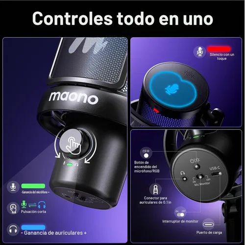 Vista 8 de MAONO Micrófono inalámbrico para PC, micrófono condensador de transmisión de juegos con cambio de voz AI de software, cancelación de ruido de 3