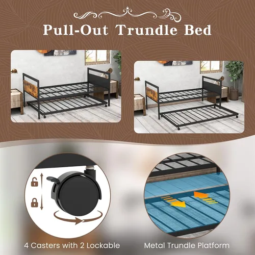 Vista 12 de KOMFOTT Sofá cama de metal de tamaño individual con nido, marco de sofá cama con cabeceras de madera, soporte de listones de metal, marco de sofá