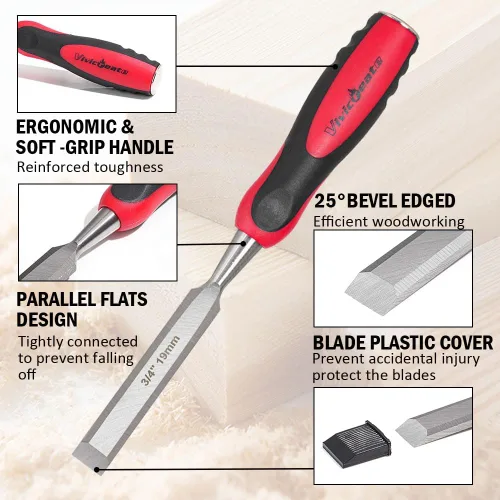 Vista 6 de Vivicreate Juego de 4 cinceles de madera para carpintería CR-V, cinceles de madera de borde biselado de acero con tapas de golpeo, cubiertas