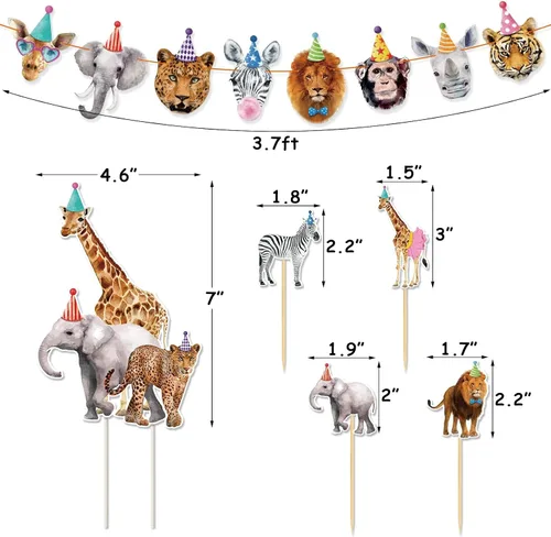 Vista 3 de Decoraciones de cumpleaños de animales de safari, fiestas, animales de la selva, banderines salvajes para tartas y globos para niños y niñas