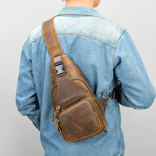 Vista 7 de NIUCUNZH Bolso bandolera de cuero genuino con cierre de metal frontal, hecho a mano, estilo vintage, mochila de hombro para mujeres y hombres, Crazy