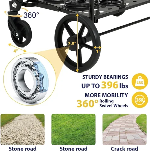 Vista 4 de Siffler Carrito de compras con capacidad de 396lbs, carrito de compras grande actualizado con ruedas, carritos de compras plegables resistentes