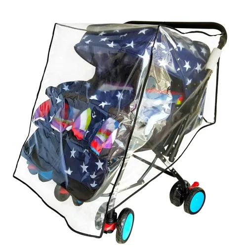 Vista 9 de Funda de lluvia doble para cochecito, protector universal contra la intemperie para cochecitos gemelos en tándem, impermeable, resistente al viento