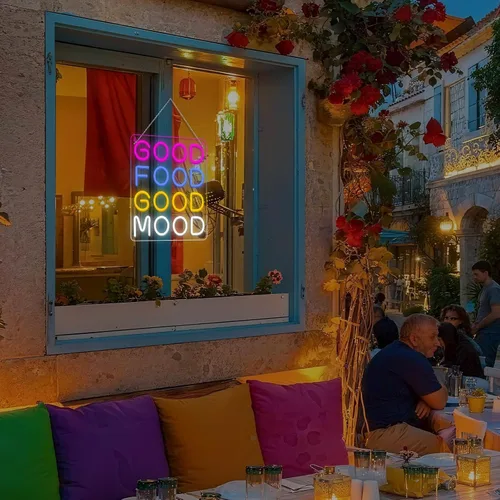 Vista 4 de Horseneon Letrero de neón LED de buena comida y buen humor, letreros de neón de comida para decoración de pared, luz de neón buena comida buen humor