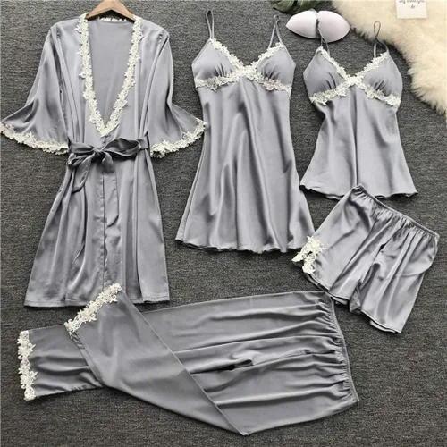 Vista 4 de Conjunto de pijama de 5 piezas para mujer, lencería sexy de encaje, ropa interior de noche, babydoll Cami de seda, ropa de dormir con bata