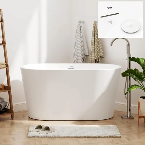 Vista 10 de FerdY 47" Bali - Bañera de acrílico independiente, bañera de inmersión independiente con forma elegante, certificada cUPC, drenaje de níquel Drenaje