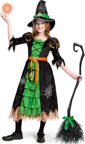 Vista 3 de Spooktacular Creations Disfraz de bruja de cuento de hadas con escoba para niñas Verde