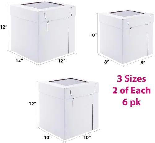 Vista 2 de Cajas altas para pasteles de nivel, 3 tamaños, 6 paquetes de 8 x 8 x 10, 10 x 10 x 12 y 12 x 12 x 12 pulgadas, caja de pastel alta blanca resistente