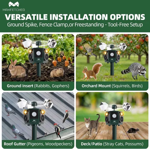 Vista 8 de Repelente ultrasónico de animales para exteriores, alimentado por energía solar, sensor de movimiento, ardillas, gatos, ciervos, pájaros