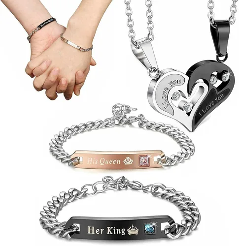 Vista 7 de Karlota Juego de pulseras con dije de acero inoxidable para parejas, con texto en inglés "I Love You" a juego, para novios, novias, novias, regalos