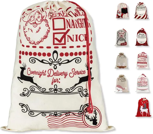Vista 16 de LessMo - Saco de Navidad para Papá Noel, Bolsa de regalo de Navidad grande con cordón, reutilizable, personalizada para el almacenamiento