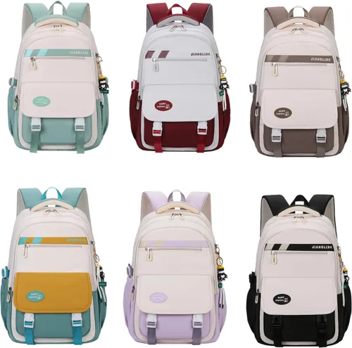 Vista 7 de Mildame Mochila estética para adolescentes, mochila clásica ligera para niños, bolsas casuales con bonito colgante, Morado claro y blanco