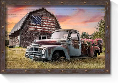 Vista 13 de SunFlax Arte de Lienzo de Pared de Carro Oxidado: Obra de Arte de Camión Azul Viejo Cuadro Rústico de Automóvil Pintura Vintage de Campo Antigua