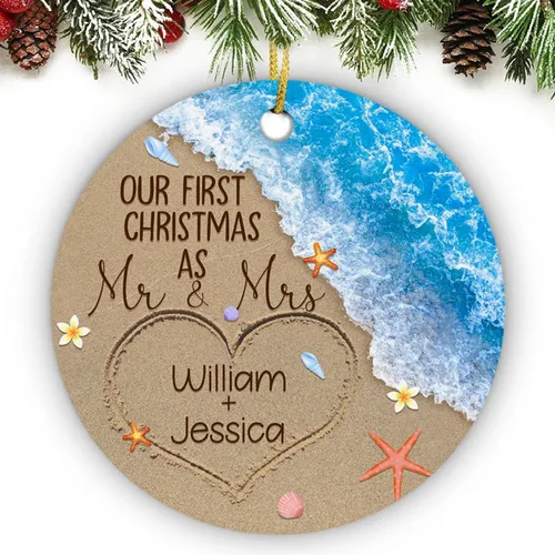 Vista 24 de Just Married - Regalo de recuerdo para recién casados, adorno de boda personalizado en la playa con nombres y fecha