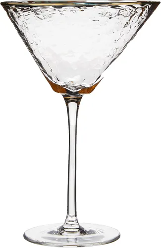 Vista 8 de Sisterly Drinkware - Juego de 2 vasos de Martini martillados transparentes – Vasos de cóctel hechos a mano con borde dorado con 2 púas chapadas